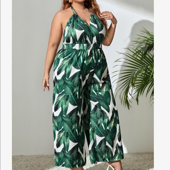 Boho Tropical Print Wide Leg Pants Backless Jumpsuit Green - Picture 4 of 8